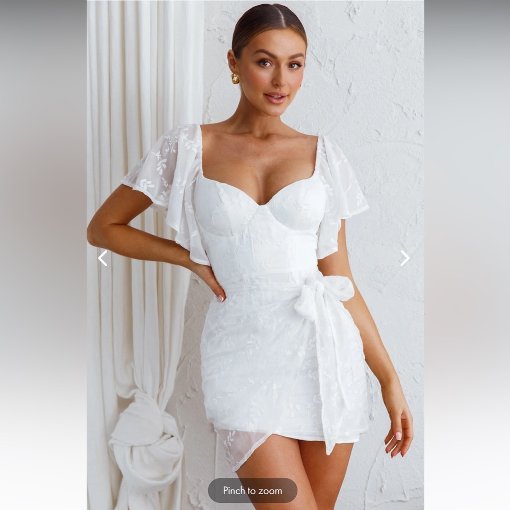 Selfie Leslie Aphrodite Molded Bust Angel Sleeve Wrap Dress Embroidered White